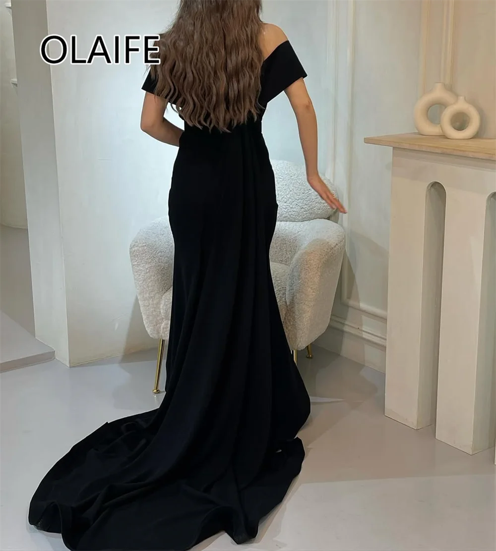 Vestido de noche Formal saudita con hombros descubiertos, vestido de fiesta liso hasta el tobillo con espalda descubierta para mujer con barrido personalizado