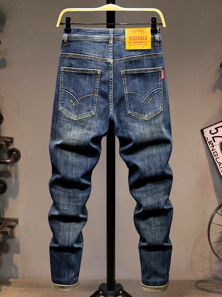 

Мужские джинсы премиум-класса синего цвета, зауженные, модные, эластичные, трендовые, брендовые, из хлопка стрейч, с эффектом потертости, весна-осень
