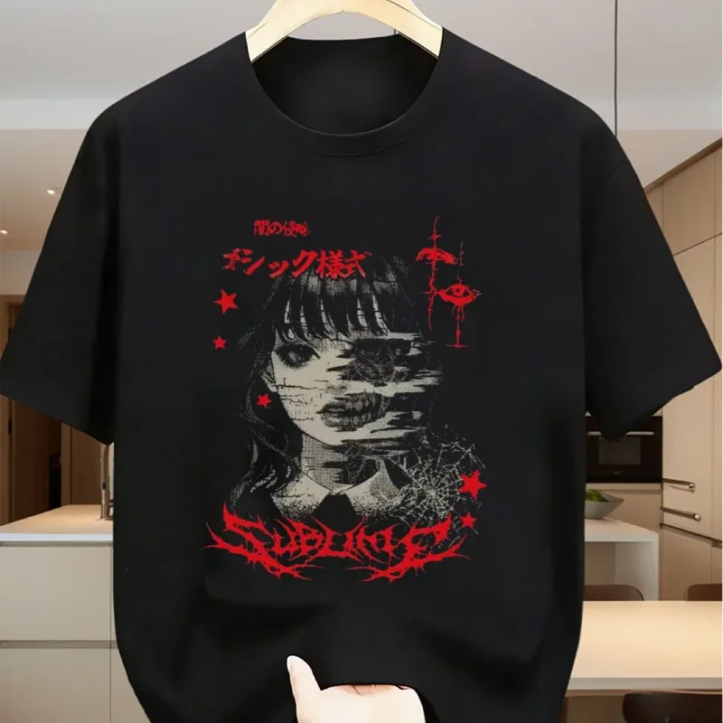 Dark Japanese Style Collapsed Girl Print Men's Short Sleeved T-shirt Men's T-shirt Summer New Unisex Casual Fashion T-shirt