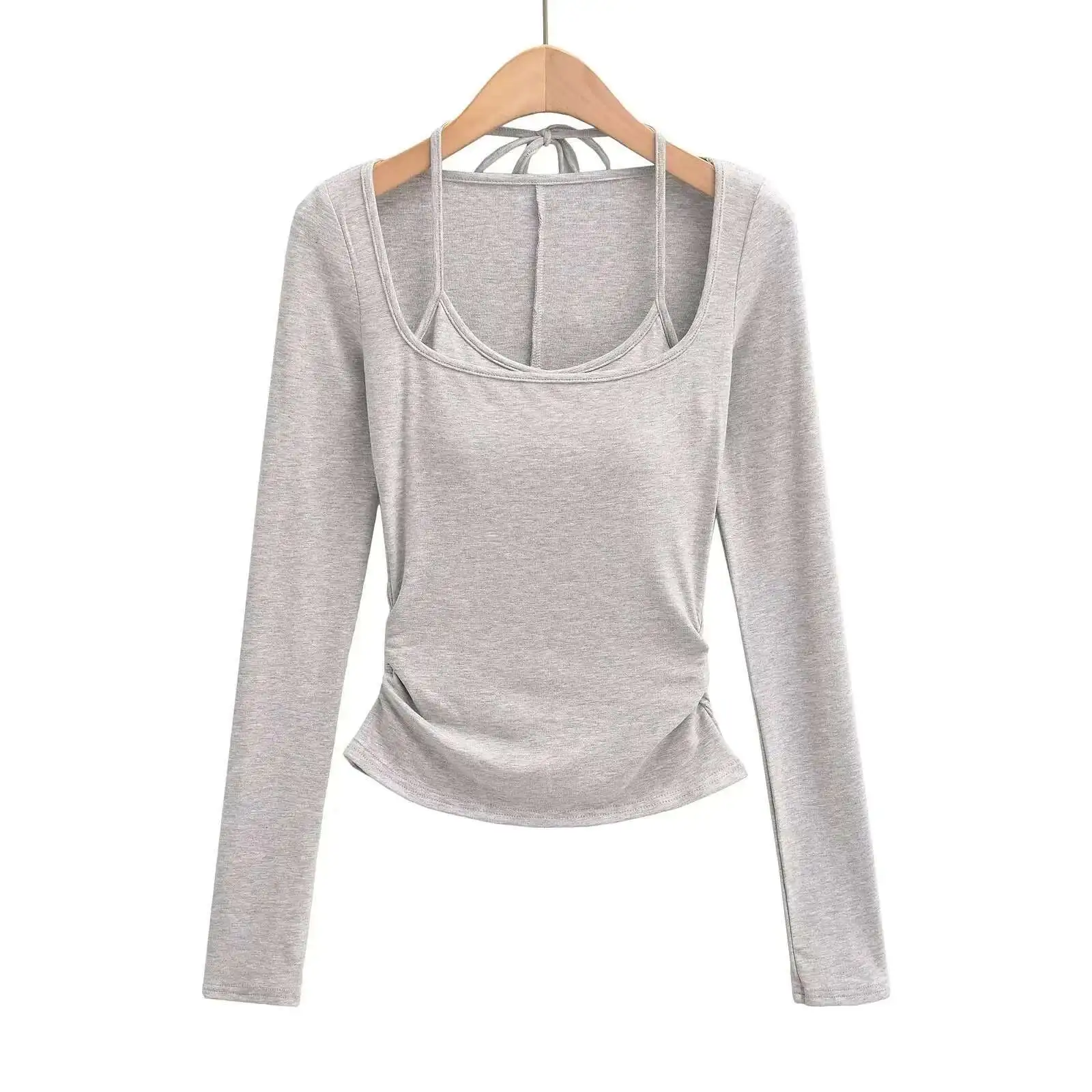 2024 Autunno/Inverno Nuovo Appeso Al Collo Falso In Due Pezzi A Maniche Lunghe Pullover Delle Donne Cinching Vita di Colore Solido Sottile Breve Top V795