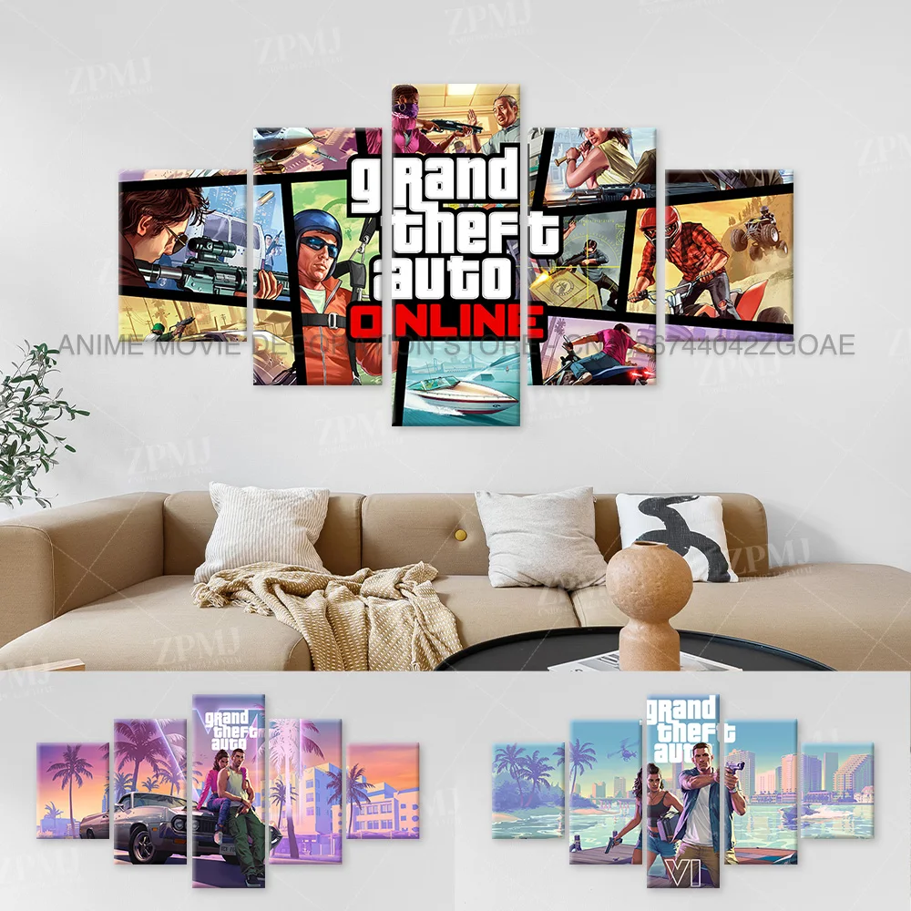 

5 шт., игра Grand Theft, авто персонаж, настенная живопись на холсте, картина для украшения дома, постер, безрамная роспись для фанатов, подарок
