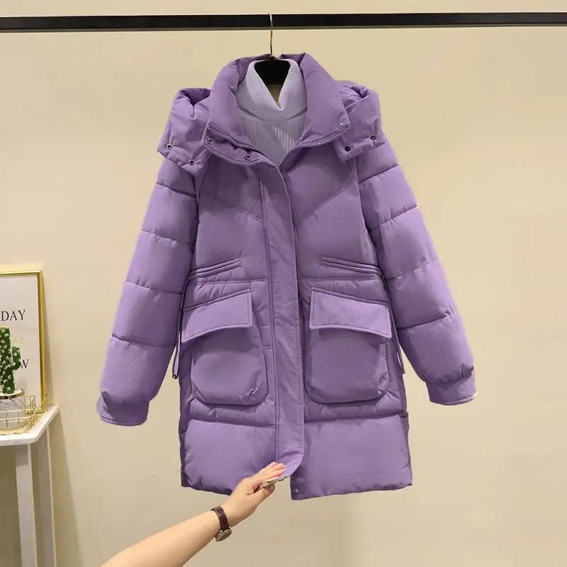 

2023 New Women Down Cotton Coat Winter Jacket Female Mid Length Version Parkas Thicken Outwear Loose Little Hooded Overcoat