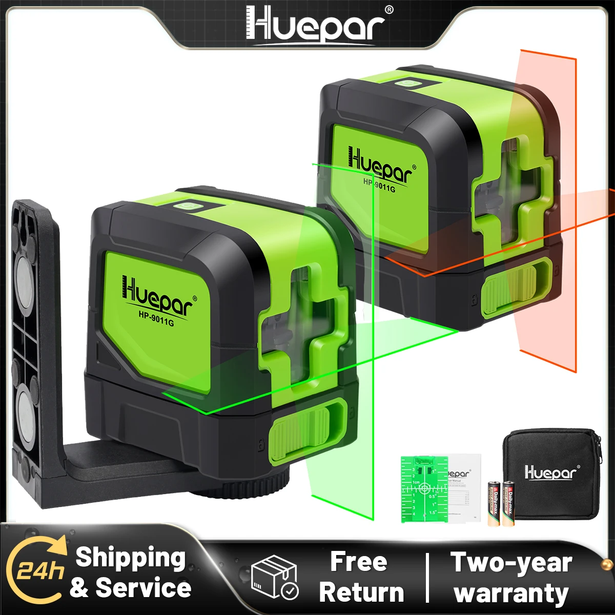 Niveau laser croisé Huepar 9011G/9011R, auto-nivelant, 2 lignes, faisceau laser vert et rouge, horizontal et vertical, avec base magnétique