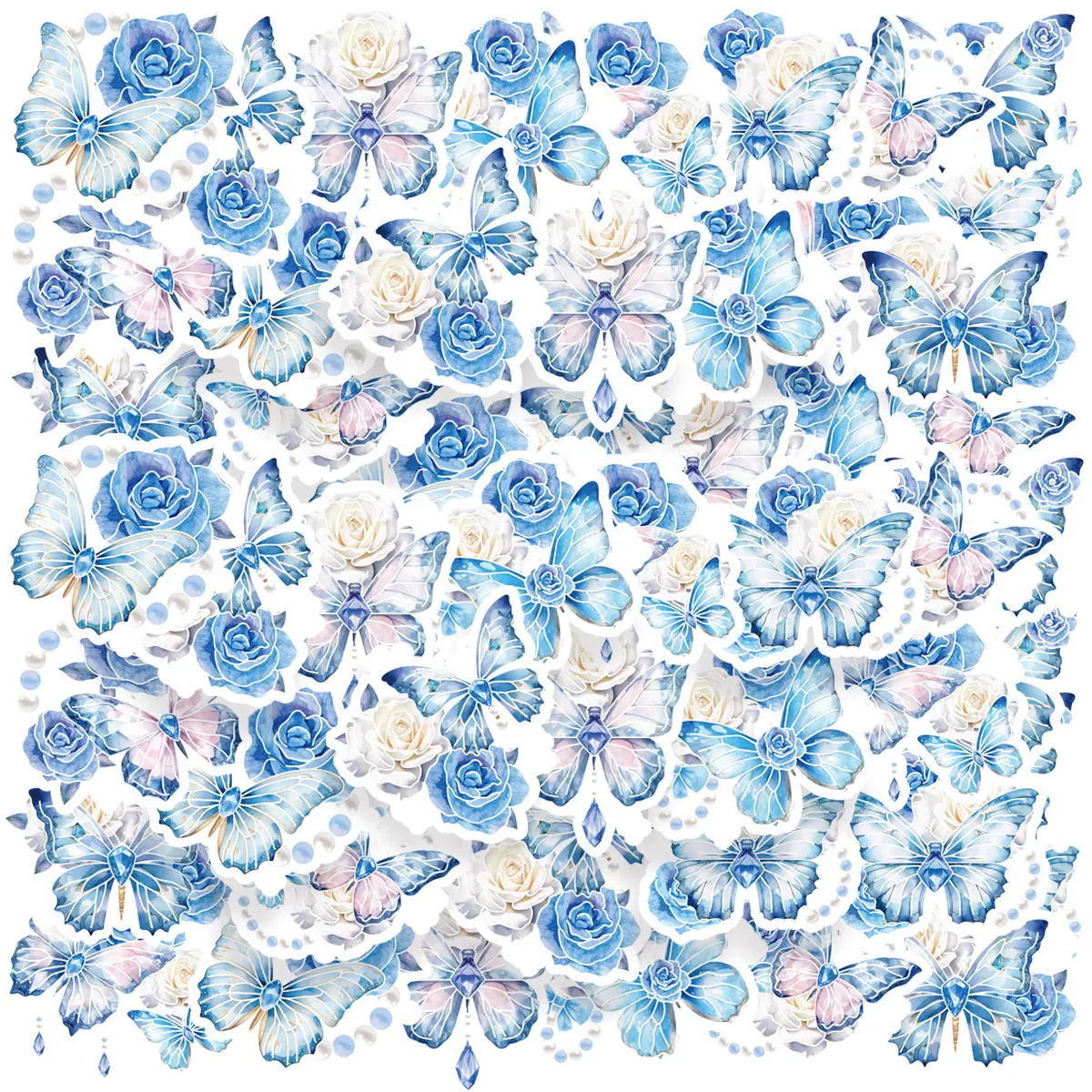 Etori Life 20 PCS PET Ice Crystal Laser Retro Blue Butterfly Flowers Guka Student DIY Stationery Decoration Stickers Cups,Gifts