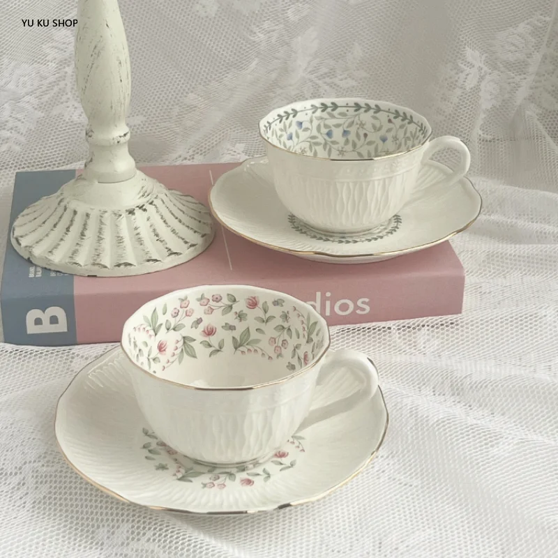 Bone China Embossed Flower Coffee Cup Saucer Retro Tea Cups Saucer Simple Elegant Teacup Dish Tazas De Cafe Coffee Mug Drinkware