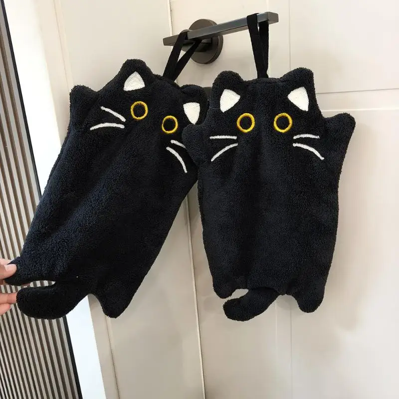 1pcs/2pcs Cartoon Cat Hand Towel Thickened Absorbent Kitchen Heat Resistant Pad Hanging Cleaning Cloth Towels