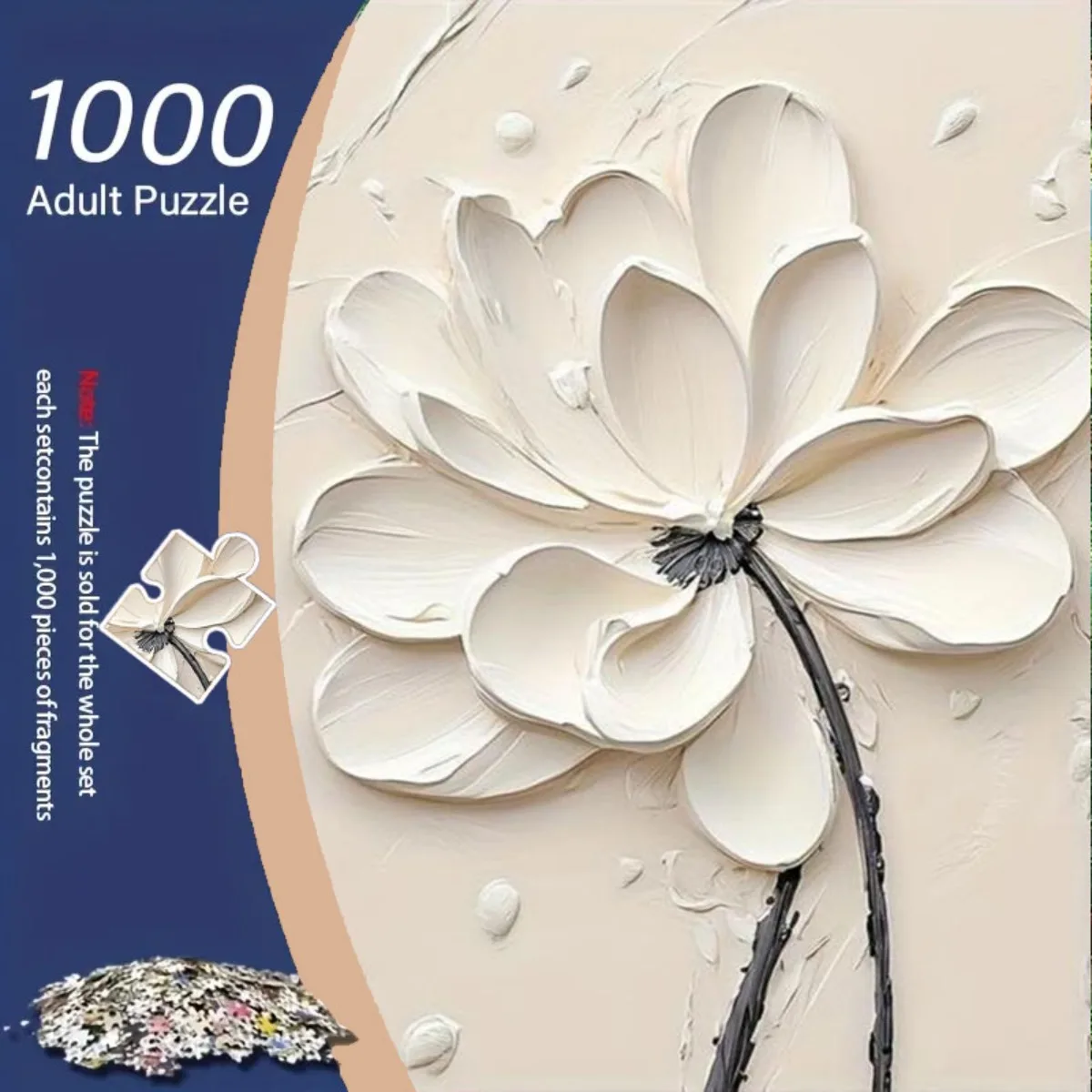 1000 قطعة من أحجية الكبار - ضربة فرشاة ثلاثية الأبعاد بيضاء لطلاء زيت اللوتس مع خلفية بيج، بتلات ذات طبقات، شفاء وقتي أنيق