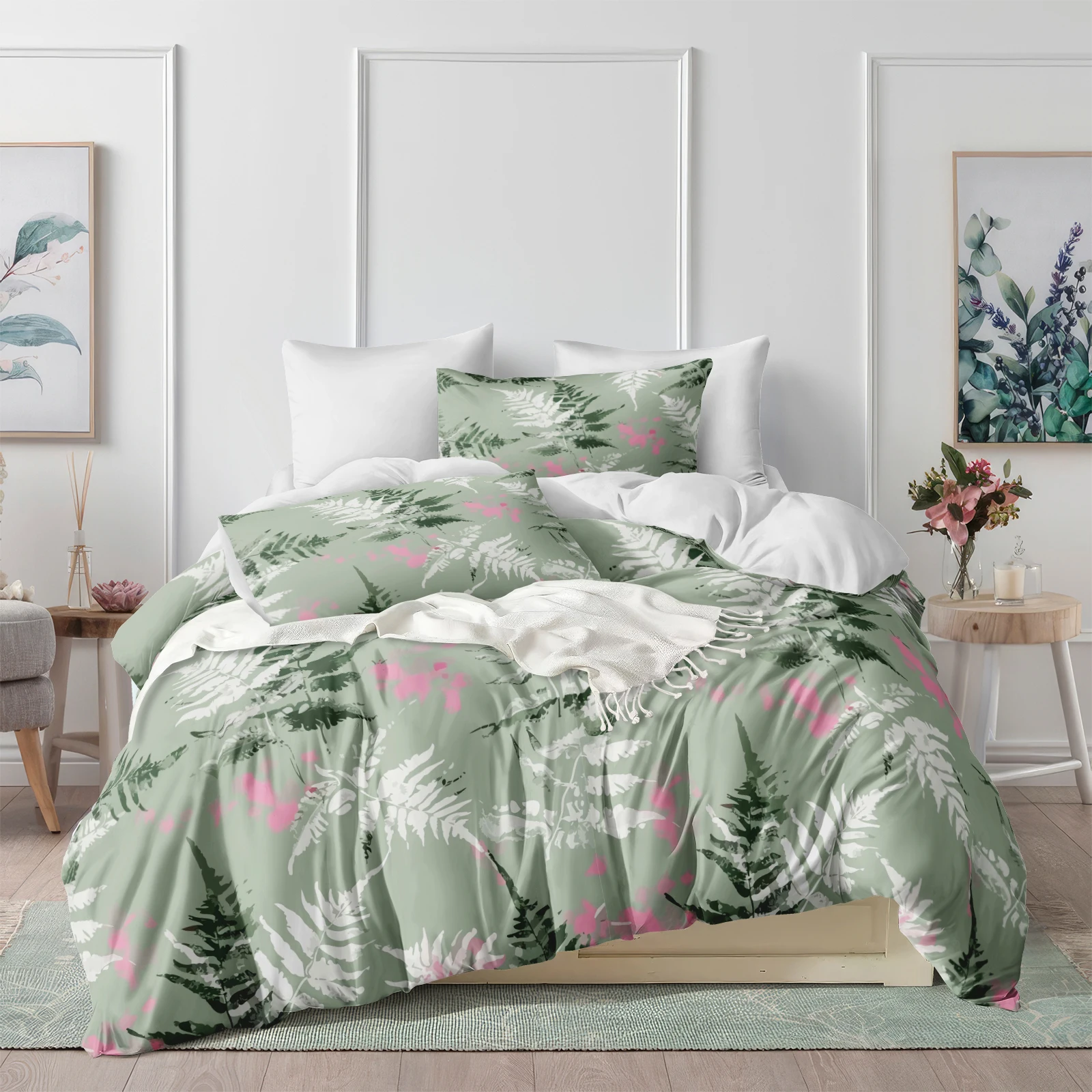 Green Branch Duvet Cover Set Floral Leaves Bedding Set Shabby Bedding Set 3 Pieces Microfibre Quilt Include Pillowcase