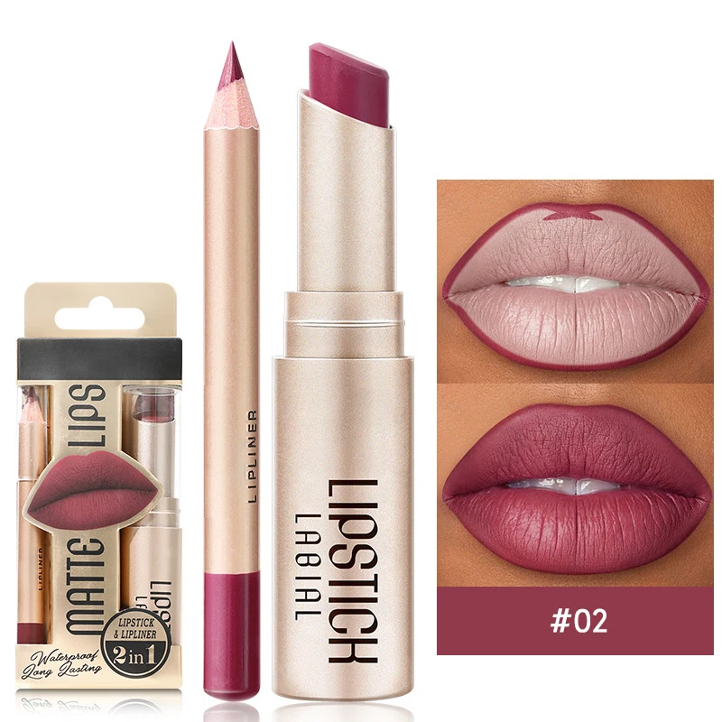 Conjunto de batom fosco e lápis labial, cosméticos duradouros à prova d'água, contorno marrom nu, bálsamo labial colorido, novo, 2 em 1