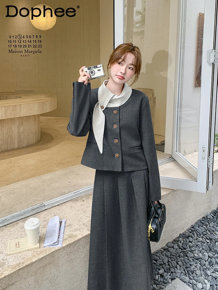 Gray Korean Version Suit Skirt Autumn 2024 New Commuting Style Temperament High-end Skirts Two-piece Sets Womens Outfits