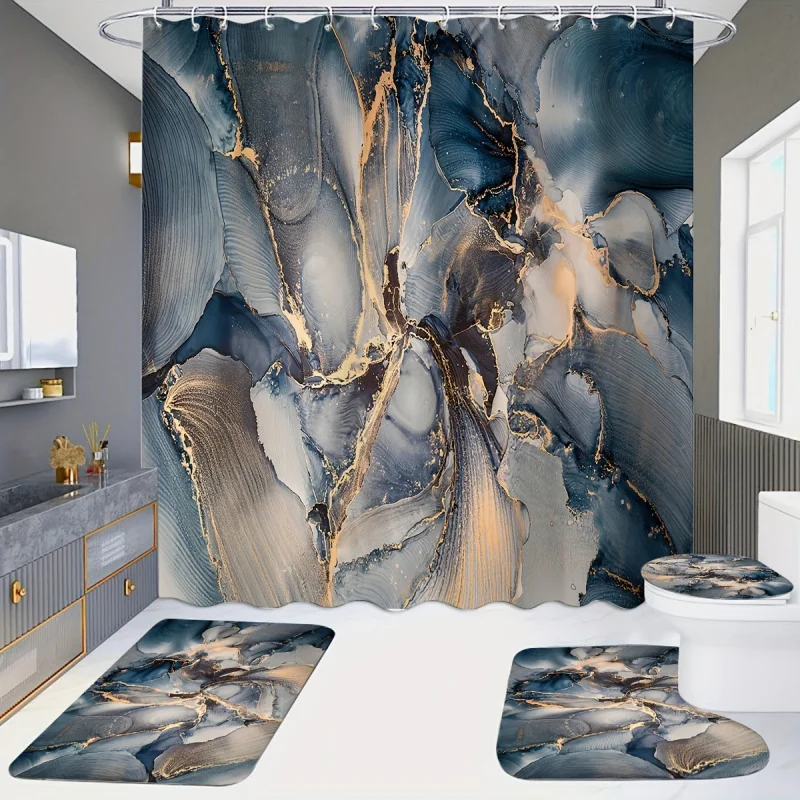 

4 шт. набор для ванной комнаты с абстрактным мраморным узором, можно стирать в машине, занавеска для душа, нескользящий коврик для ванной, U-образный коврик, крышка унитаза
