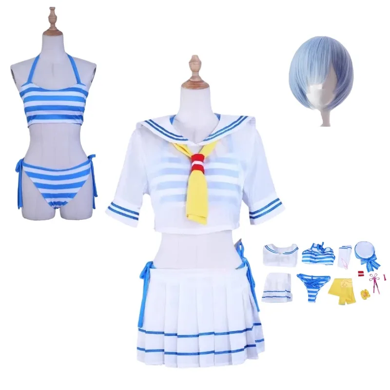 

Anime Rem Swimsuit Cosplay Costume Women Maid Sailor Uniform Wig Full Set Summer Day Kawaii Swimwear Sexy Beach Bikini Outfit
