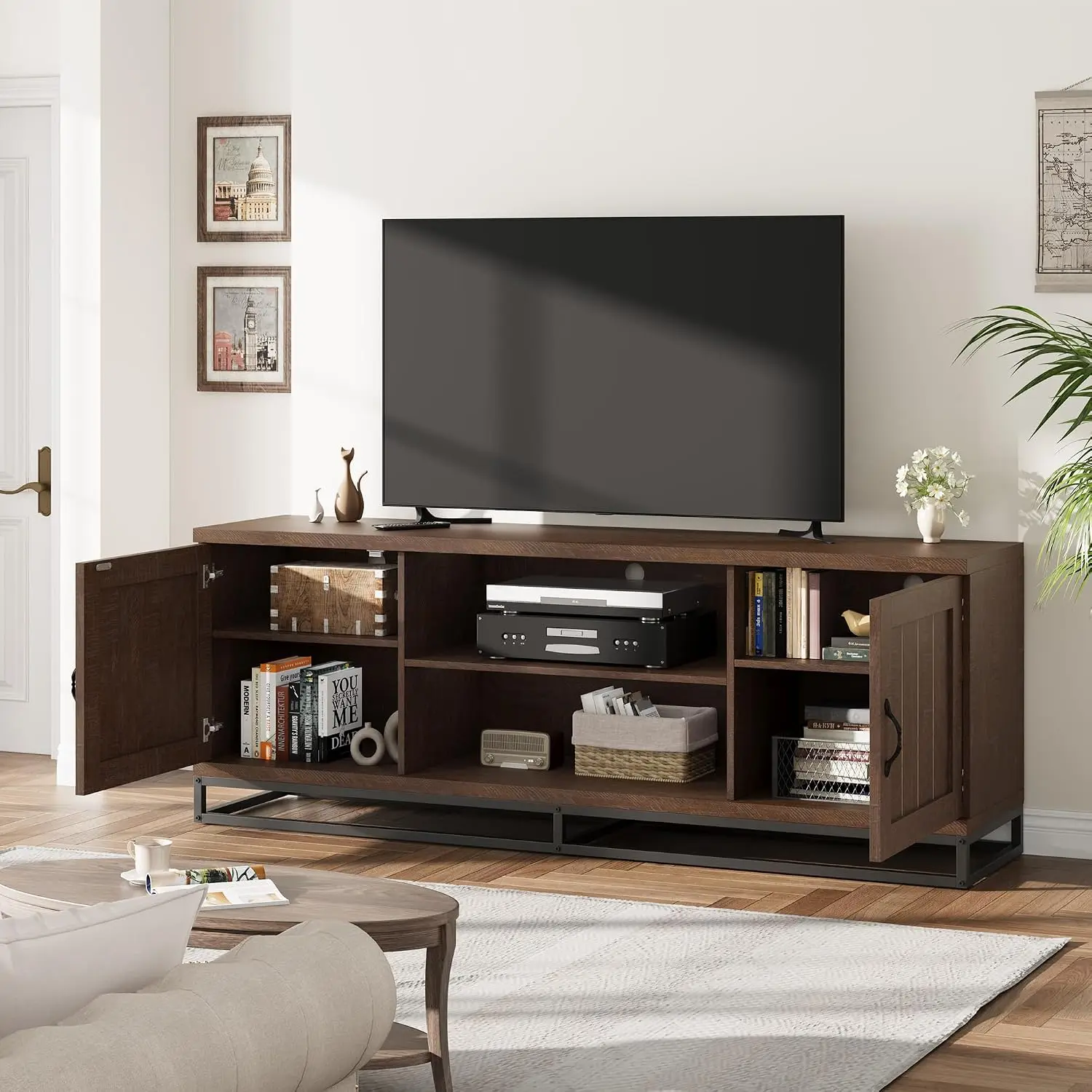 Farmhouse TV Stand with Adjustable Shelves & Metal Leg Wooden Media Console for 75 Inch TV Storage Walnut, Customized