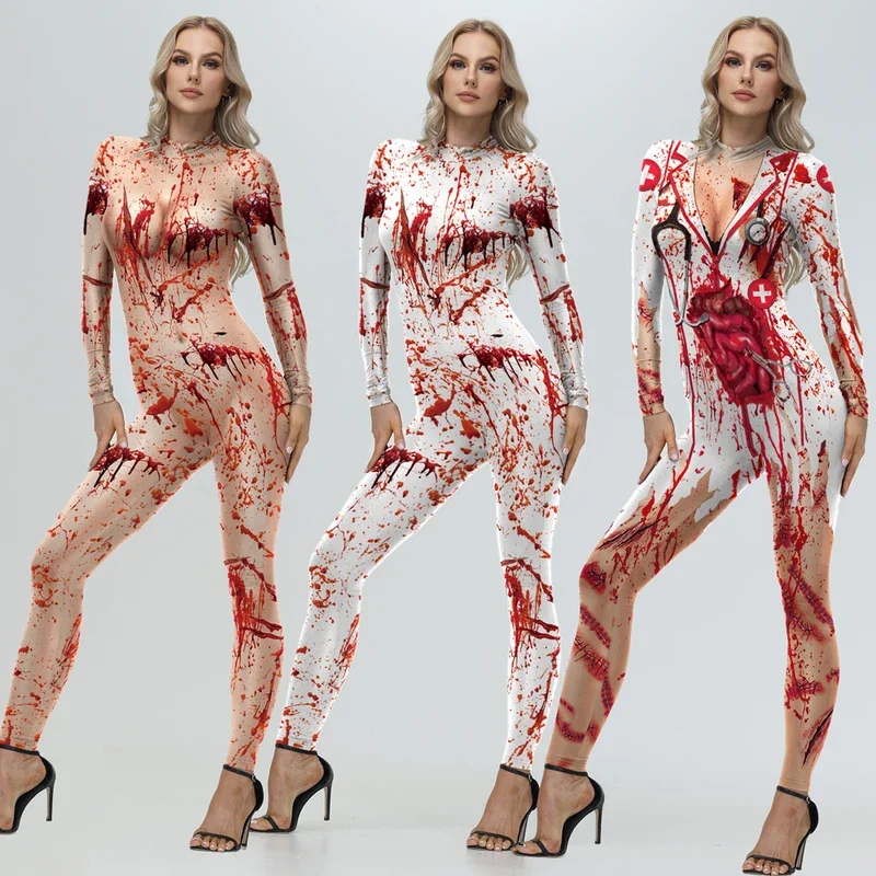 [You're My Secret] Halloween Cosplay Scary Costumes For Women Bloody Print Zenti Party Bodysuit Carnival Party Tight Rompers