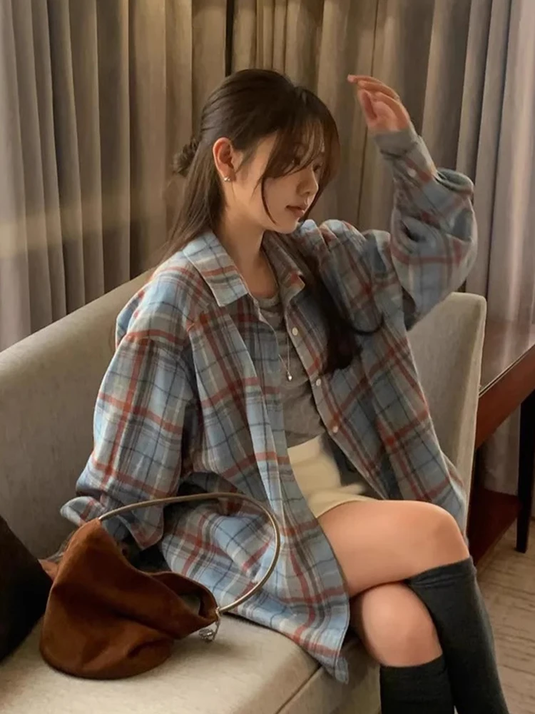 

Loose Long Sve irt Jaet Women's Spring New Sle Lazy Asymmetric Top Color Blo Plaid Design Commute Korean Version