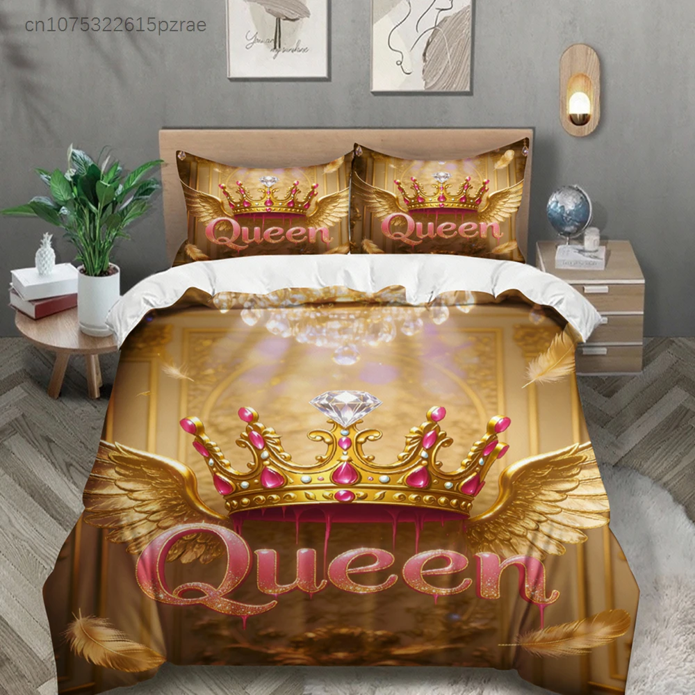 Queen Crown Wings Bedding Set Gold Pink Royal Crown And Wings Print With Queen Text Breathable Bedroom Decor