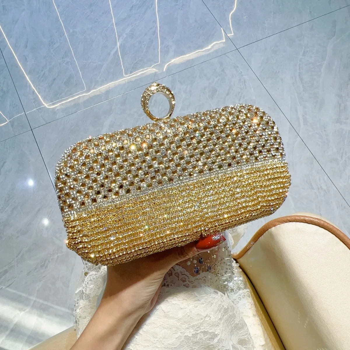 Cross-Border Full Diamond Evening Clutch Bag Tassel Embellished Wedding Party Handbag Vintage Style Luxury Dress Purse for Women