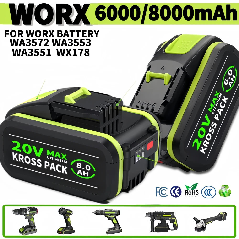 6.0/8.0Ah For WORX 20V high-capacity Lithium-ion Battery WA3551 WA3551.1 WA3553 WA3641 WX373 WX390 Rechargeable Battery Tool