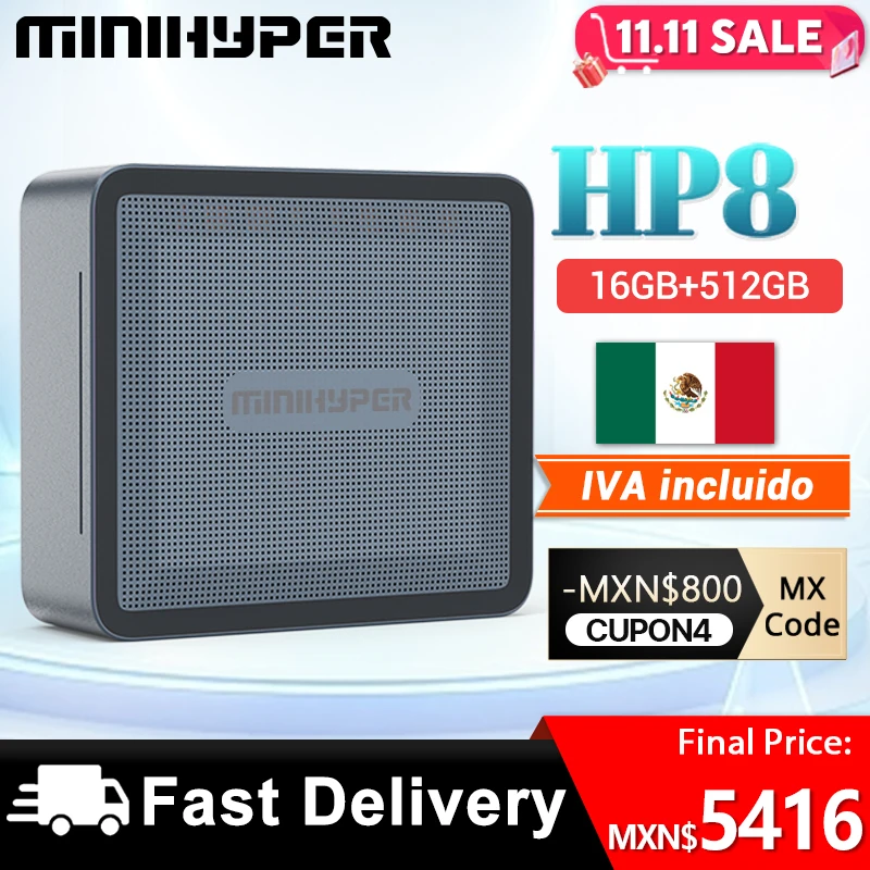 MiniHyper HP8 Mini PC AMD Ryzen 7 5800U CPU 16GB DDR4 Storage SSD 512GB 4K HD output  Windows 11  PortablePC Office Mini Host