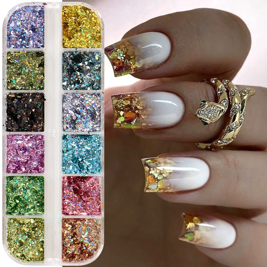 12Grids Holografische Iriserende Nagel Glitter Pailletten Sparkly Laser Onregelmatige Glazen Vlokken Nail Art Diamond Dust Y2K Zeemeermin Decor