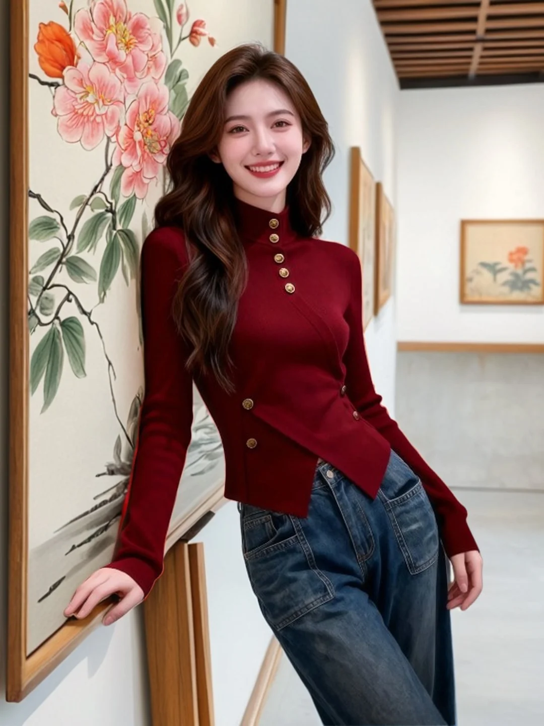 

Уникальный вязаный топ Ele Red Slim Fit Long Sve Maturi Sle, не повторяющийся дизайн, весна 2026, мода для женщин