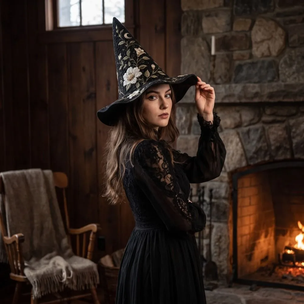 Gothic Wide Brim Halloween Witch Hat Cosplay Quilting Process Pointed Wizard Hat Vintage Butterfly Party Hat For Women