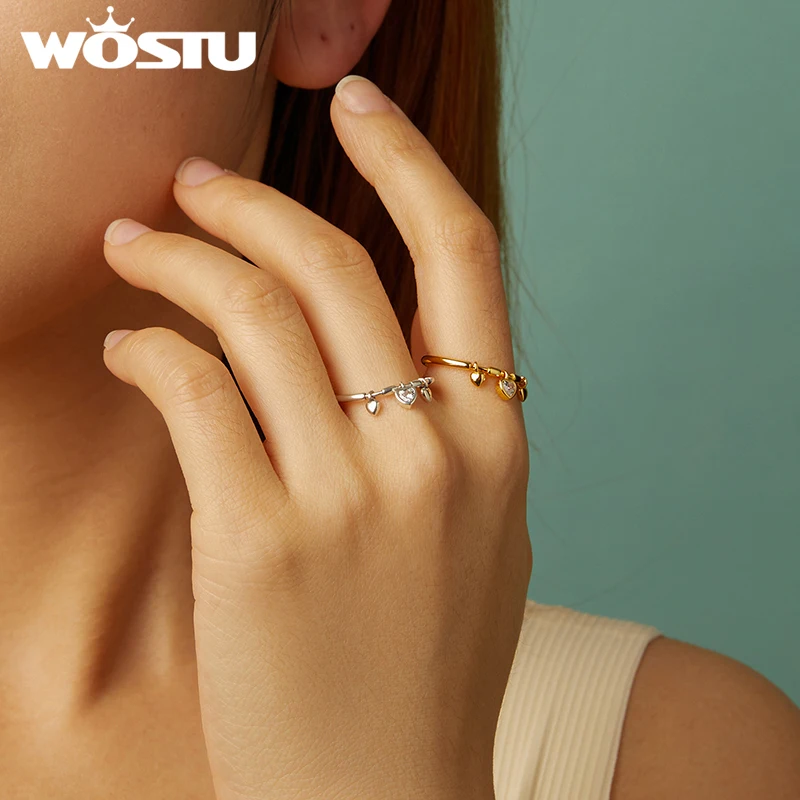 WOSTU 925 Sterling Silver 18K Gold Love Heart Charms Pendant Ring For Women Shiny AAA CZ Wedding Stackable Rings Girl Party Gift