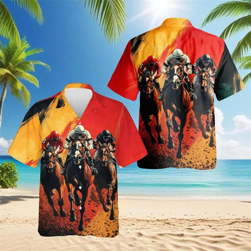 2025 Camisa Harajuku para hombre con estampado de carreras de caballos en 3D, camisa de manga corta con cuello cubano, camisa hawaiana para fiestas en la playa y Hawa