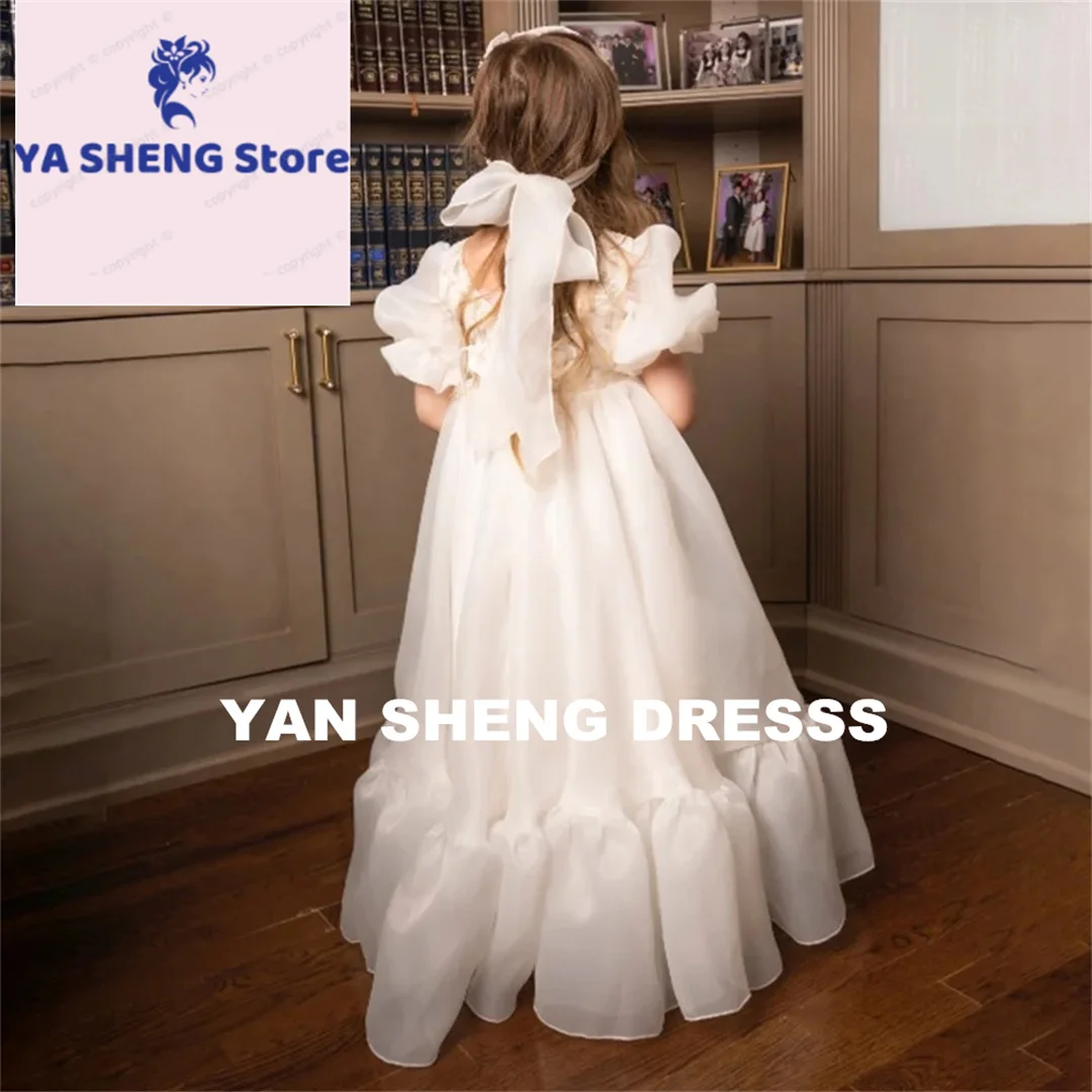 Customized Luxury Diamonds Applique A Line Short Sleeve First Communion Dres Floor Length Princess Elegant Flower Girl Gown