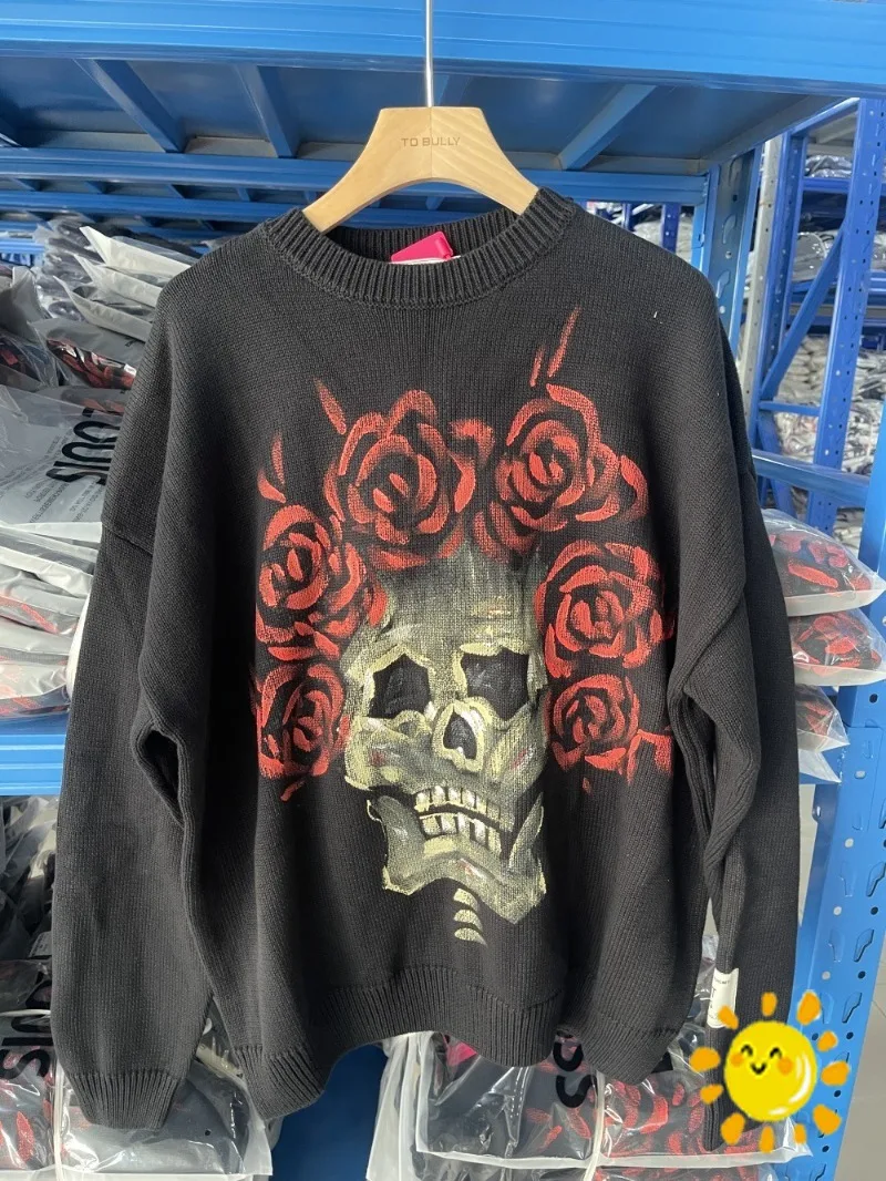 24SS New Fasion SSSAINT LOUIS Hand Drawn Rose Skull Jacquard Sweater Men Women Crewneck Knit Sweatshirts