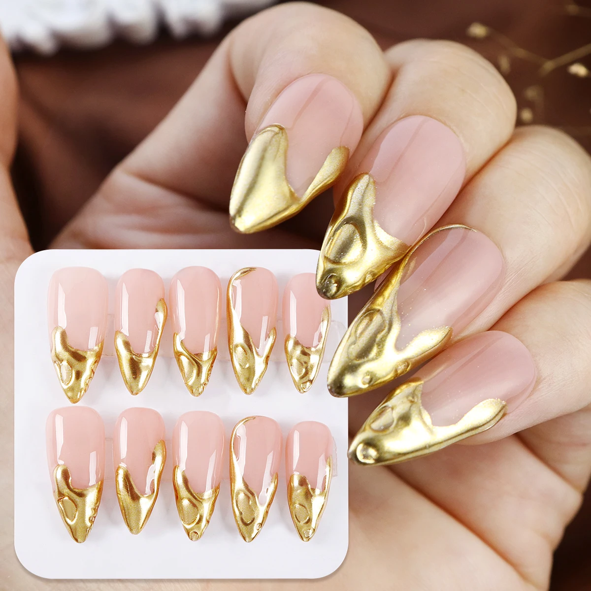 10pcs Pure Handmade 3D Gold Press on Nails Metallic Long Almond Fake Nails Reusable Full Coverage Fake Nail Tips