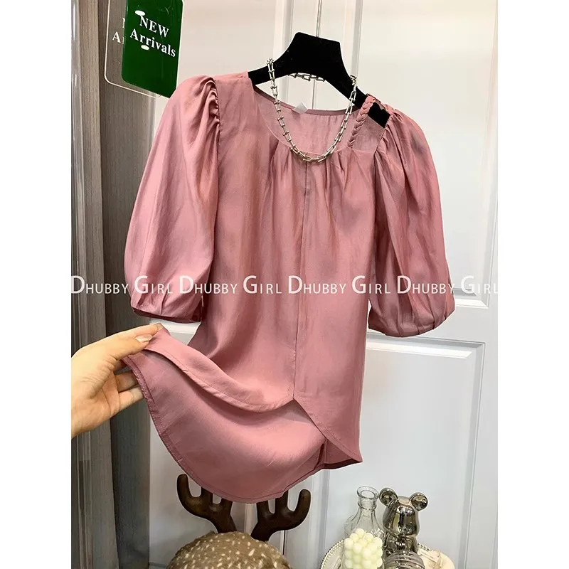 

Women Vintage Korean Fashion Pink Chic Collar Blouse Fly-Sleeve Loose Off Shoulder Puff Sleeve Loose Elegant Tops Shirt