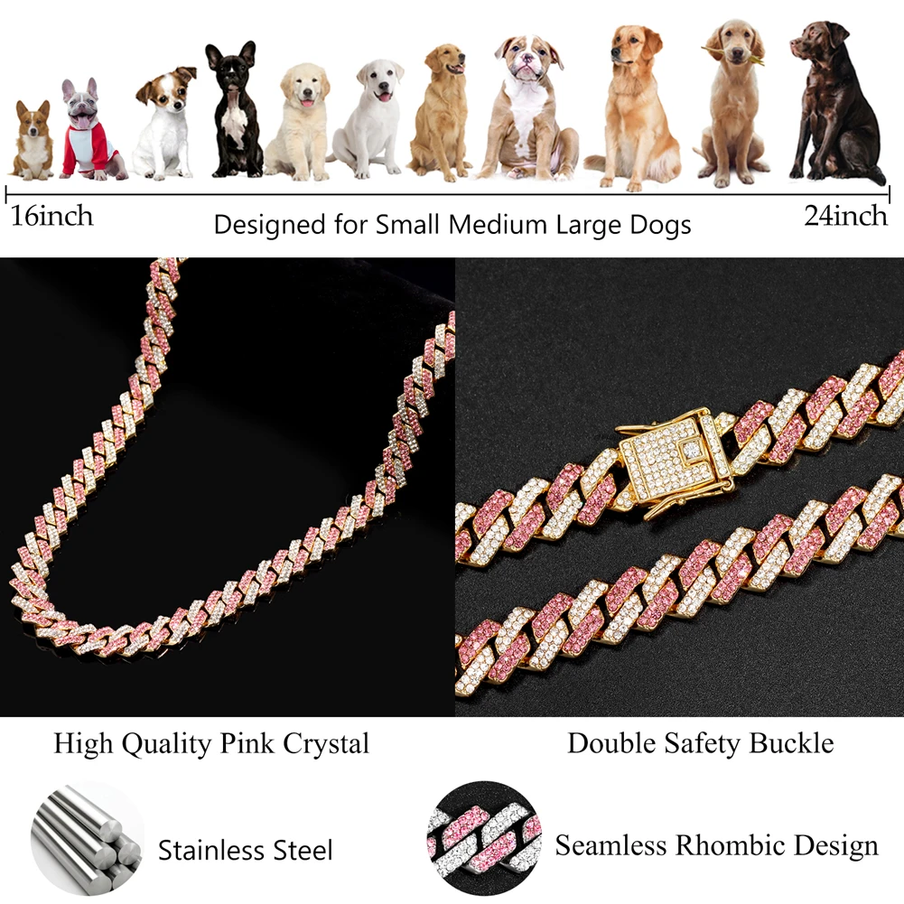 Dog Chain Diamond Cuban Link Chain With Design Secure Buckle Pet Cat Dogs Collar Necklaces Pet Items Accessories Dropshipping