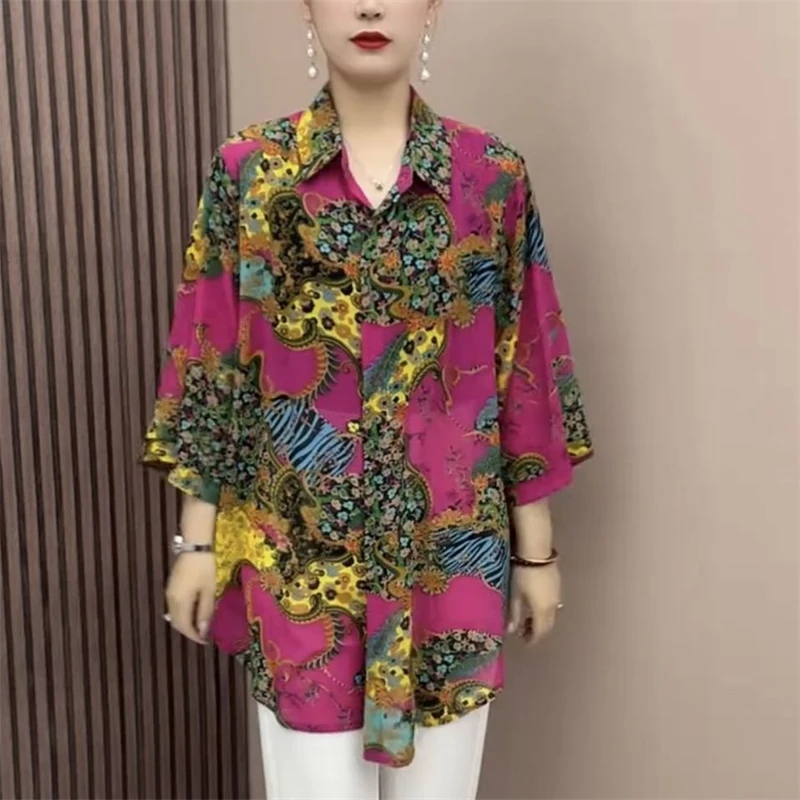 Women\'s Vintage Ethnic Style Button Cardigan Shirt Fashion Print Long Sleeve Oversized Blouse Ladies Casual Irregular Tunic Tops