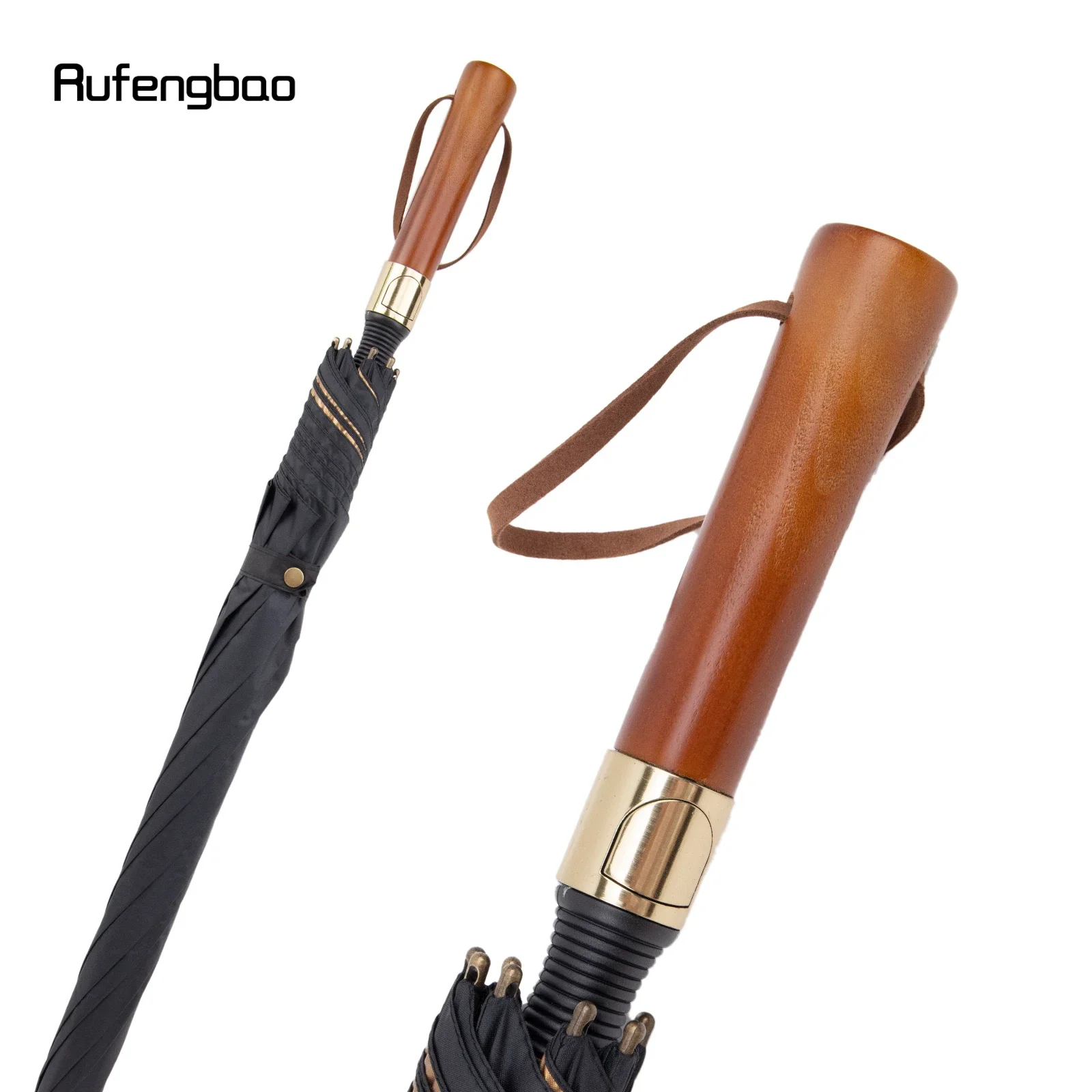 Black Automatic Windproof Umbrella, Wooden Handle 8 Bones Long Handle Enlarged Umbrella for Both Sunny and Rainy Days 96cm