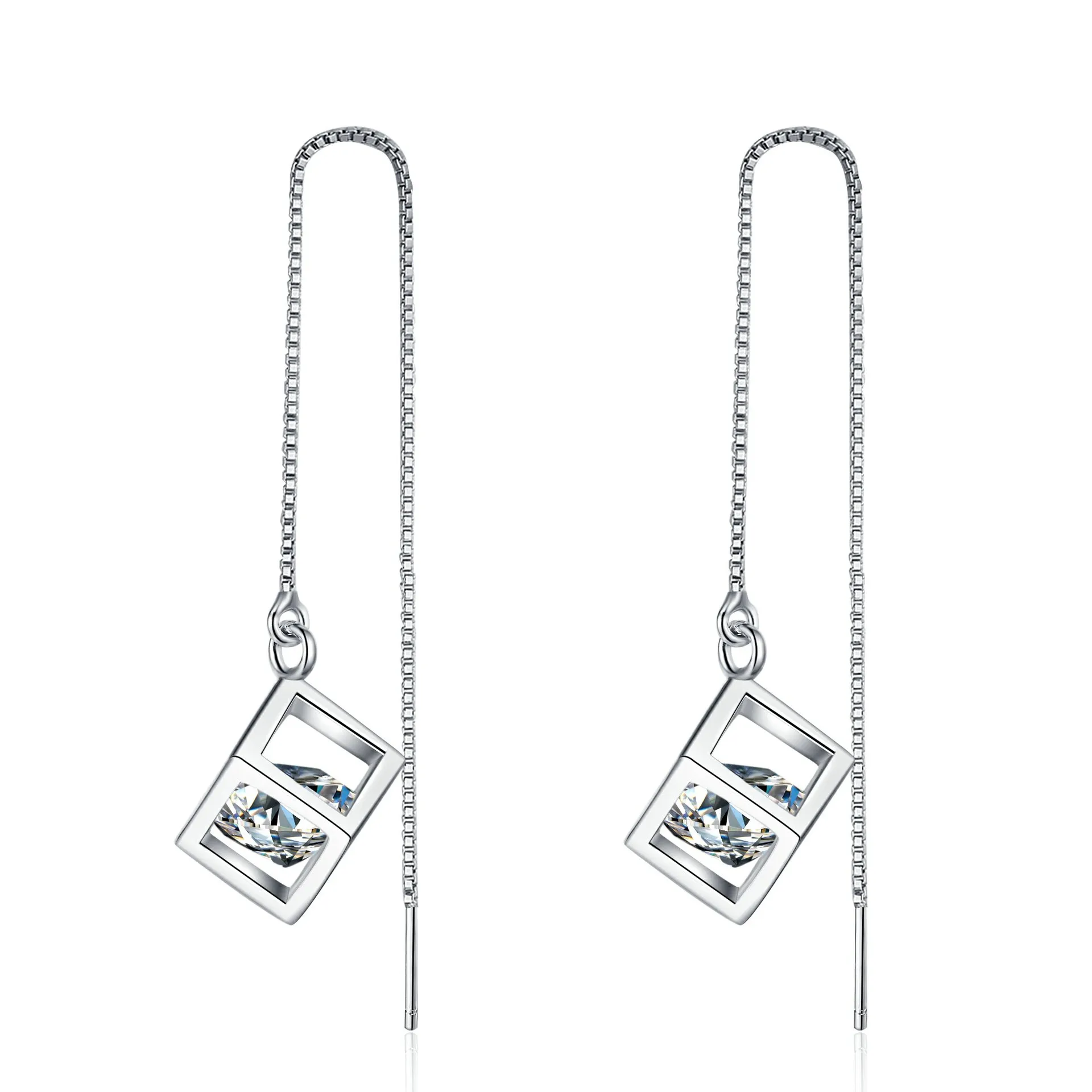 925 Sterling Silver Dazzling Earrings Moissanite Diamond Charm Hollow Cube Drop Earring Long Tassel Earrings Ear Line Pendientes