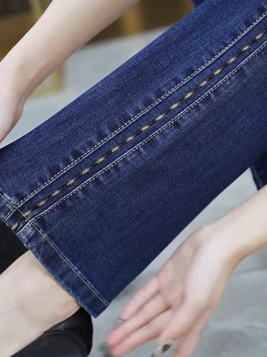 

Утепленные женские джинсы-клеш с высокой талией, длинные брюки, зимняя новинка, большие размеры, джинсы для мам, Гуанчжоу Синтан