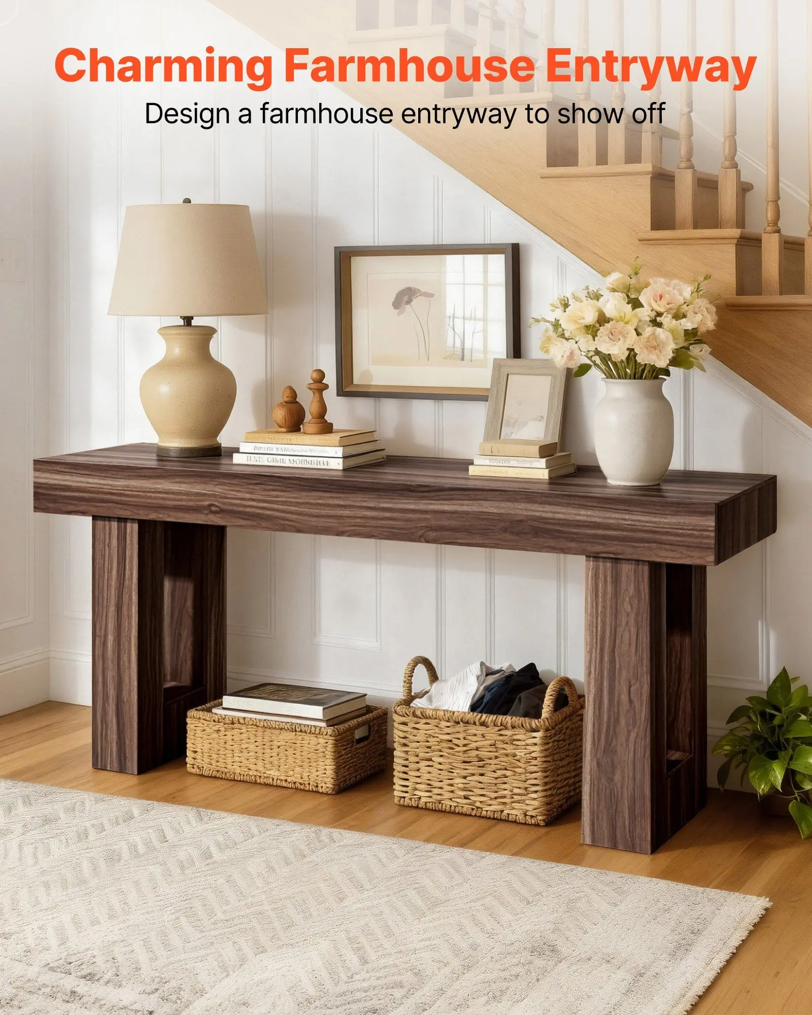 63 in Console Table, Farmhouse Desk Behind the Couch, Wooden Rectangle Entrance Desk, Narrow Long Sofa Table Accent Stand for Hallway, Bedroom, Living Room, Foyer, Easy Assembly, Brown