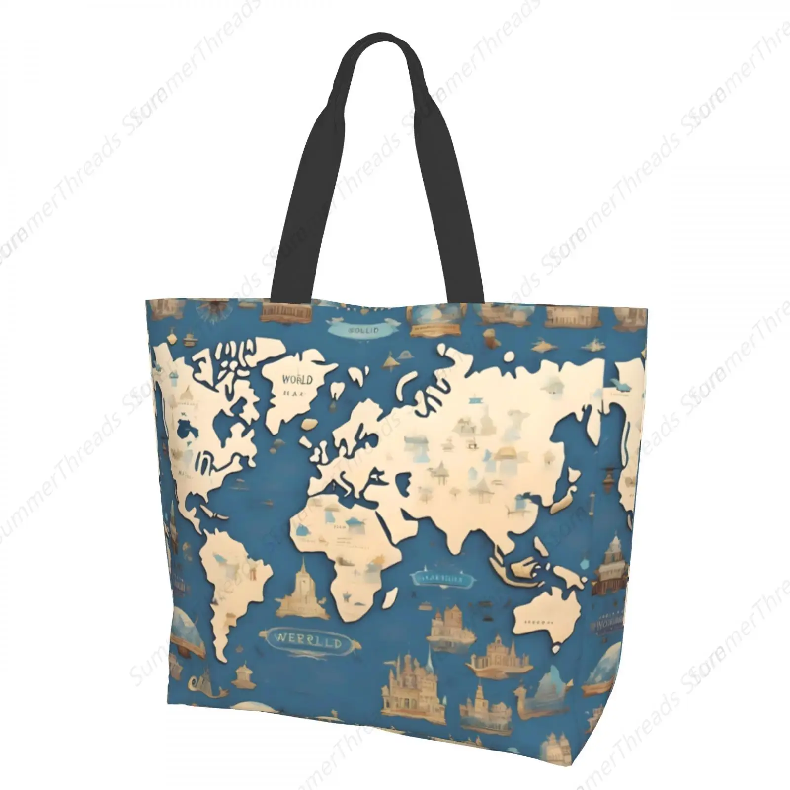 

World Map Print Tote Bag for Women Large Print Bags Portable Beach Bag Reusable Grocery Bags Waterproof