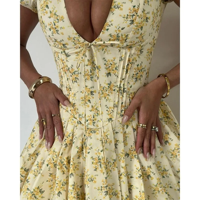 Vestido plissado com estampa floral em V profundo feminino, roupa feminina, francesa, verão, sexy, doce, com renda para cima, vestidos de cintura alta, beleza