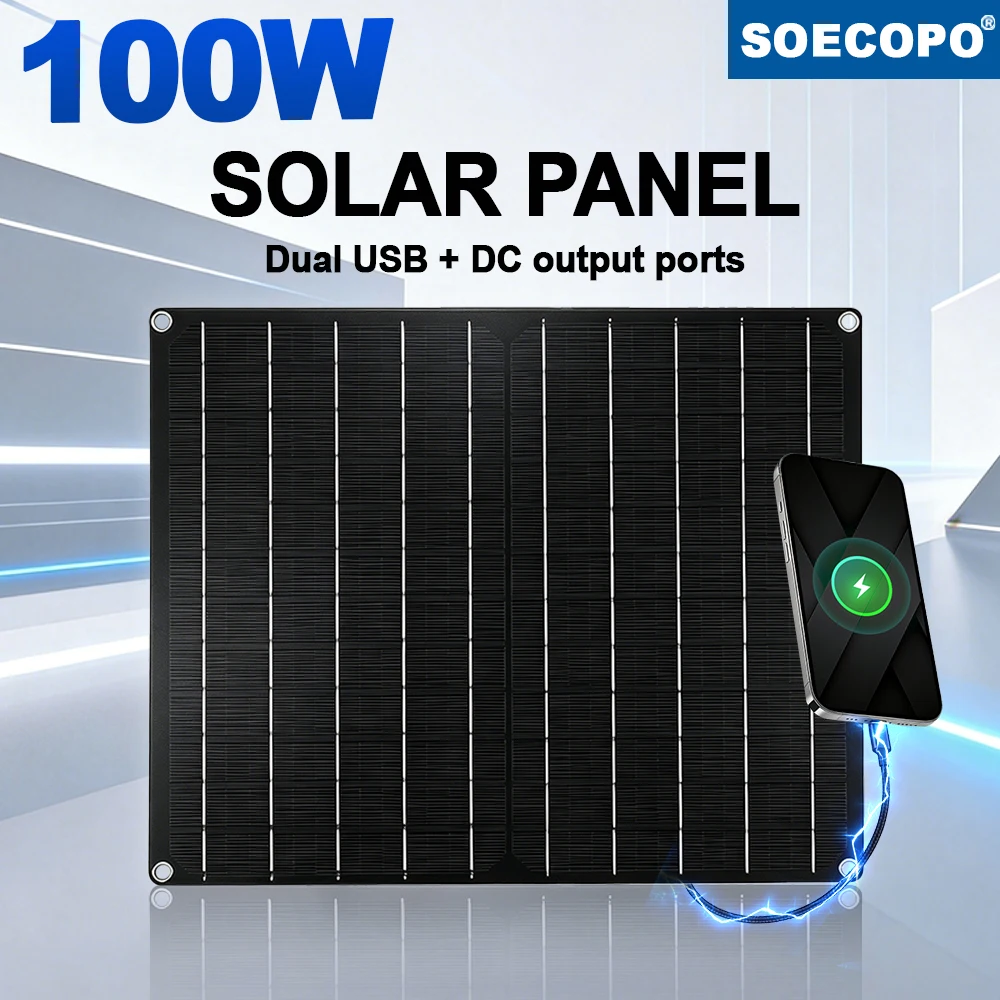 100W Tragbares Flexibles Solarmodul Monokristallin Wasserdicht, Dual USB & DC Ausgang für Camping, Wohnmobil und 12V Batterieladung