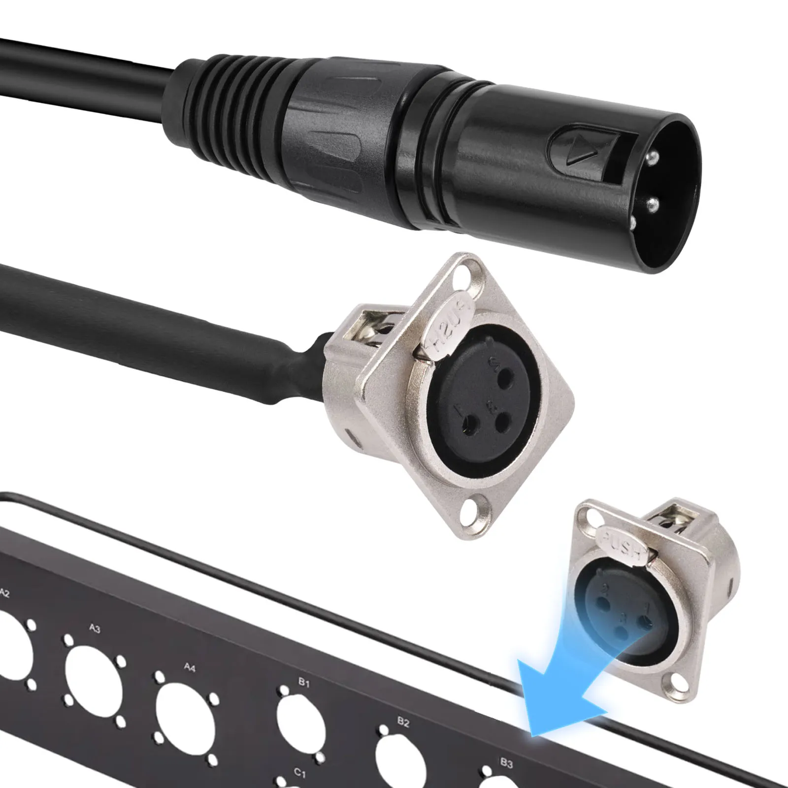 3Pin Pass Through Connector Male To Female Floor Box Cable 0.6m/2 Feet with Mounting Screws for  Stage Box Patch Panel