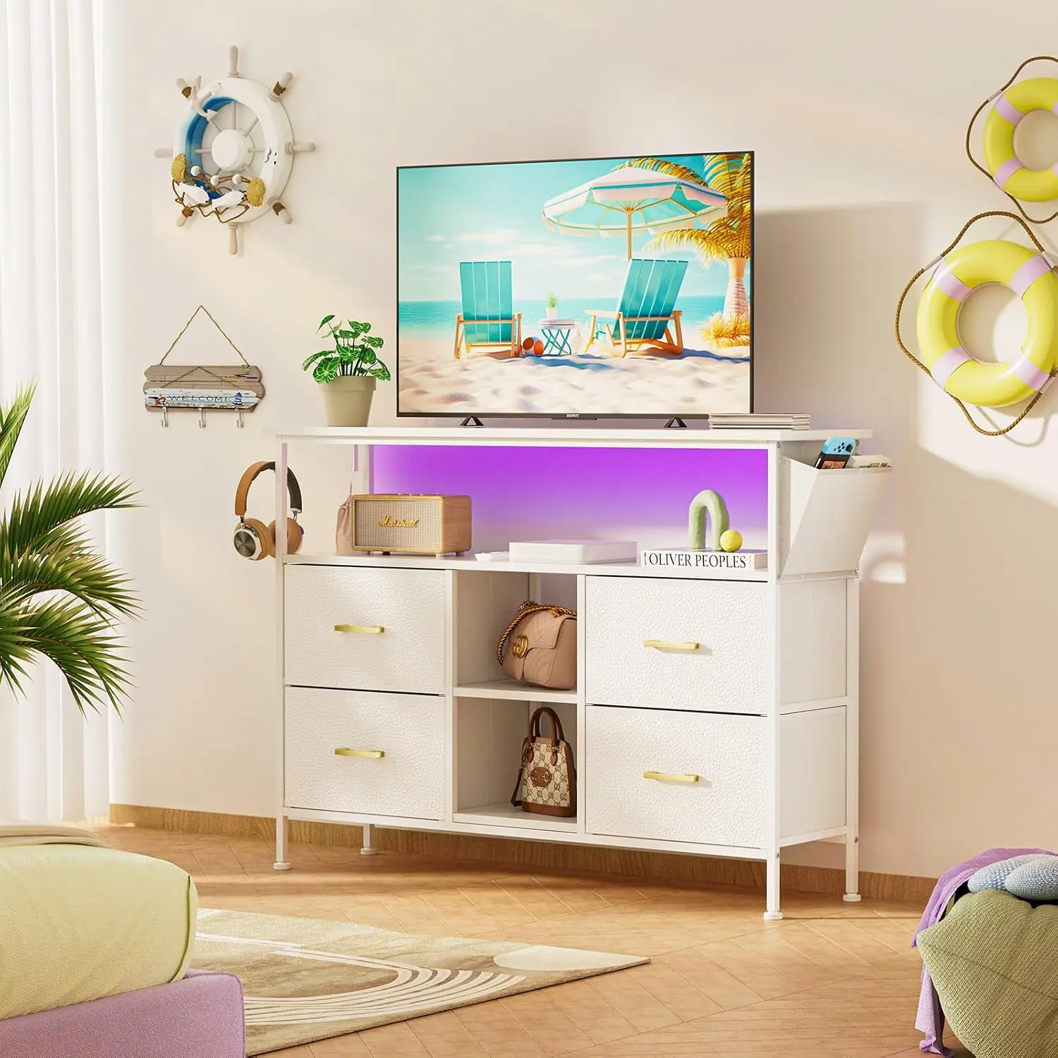 Dresser TV Stand with Power Outlet for 50'' TV,White TV Stand with LED,Storage Cabinet TV Stand, with 4 Deep Drawers,for Bedroom