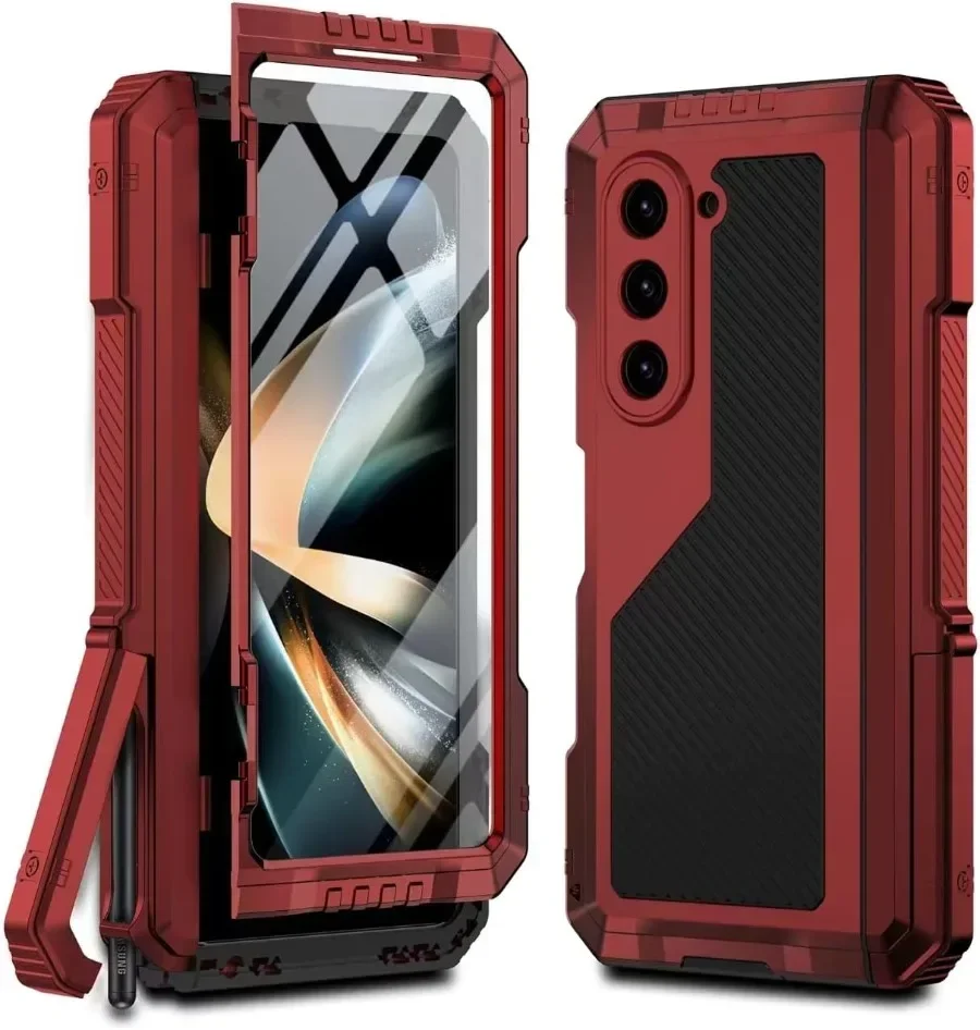 

For Samsung Z Fold 7 6 5 4 Shockproof Aluminium Silicone Cover With Stand Screen Soft Film 3 Layers Heavy Duty Metal Phone Case