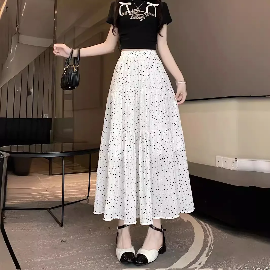 Nighpha Polka Dot Patchwork Chiffon Skirt Elastic Waist Slimming A-line Skirt Versatile for Summer Large Hem Long Skirt