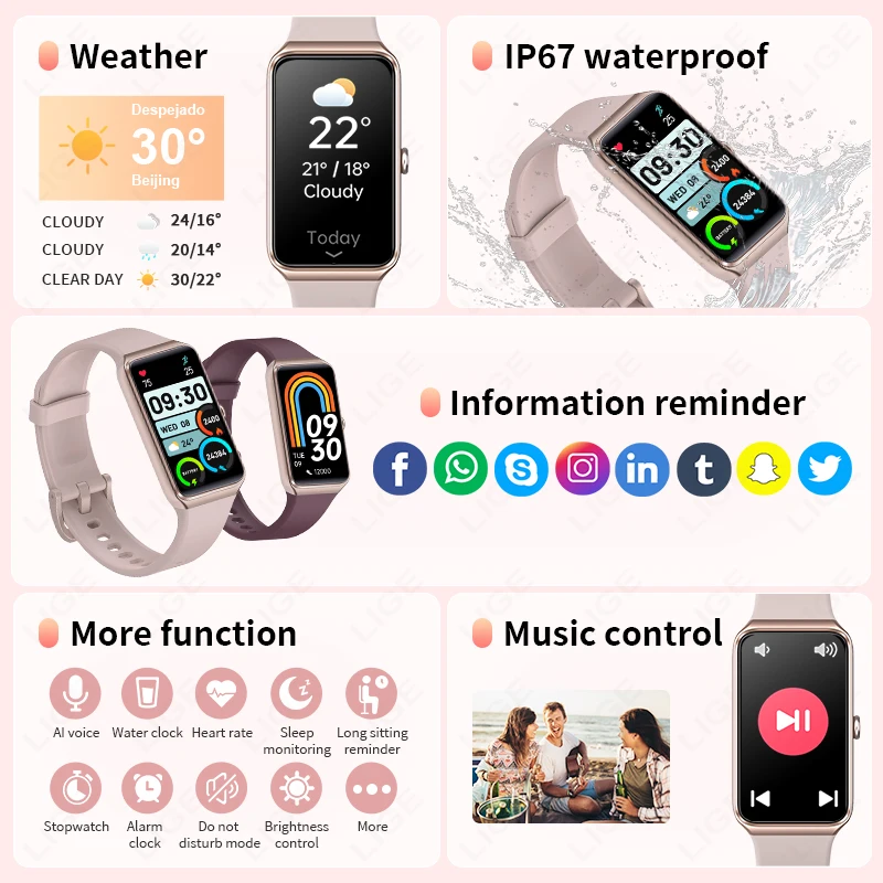 LIGE Smart Watch Women Full Touch Screen Health Monitor IP67 Waterproof Sports Fitness Tracker Smartwatch Woman Bracelet Watches