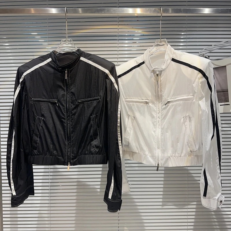 

Street Sle Spicy Girl Bla White Contrast Zipper Lightweight ort Jaet Coat Thin Outerwear Top for Autumn 2025