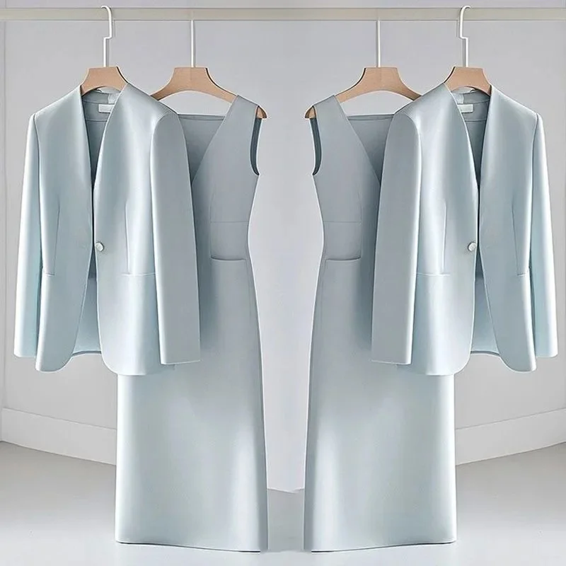 

Fashionable and Elegant Women's Set Spring and Autumn Western Style High-end Feeling Blue Jacket Casual Dress Two-piece Set