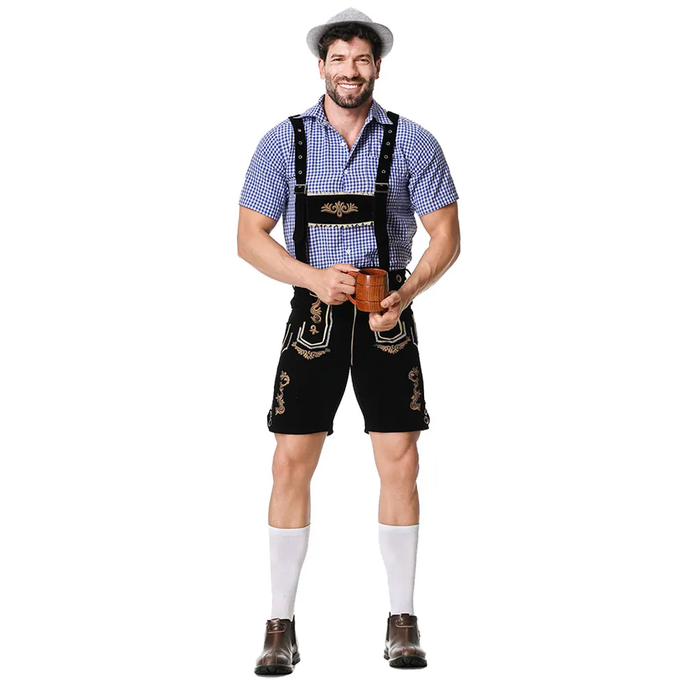 Mannelijke Oktoberfest Lederhosen Kostuum Bavarian Octoberfest Duits Bier Kostuum Shirt Jarretel Korte Broek Hoed Cosplay Kostuums