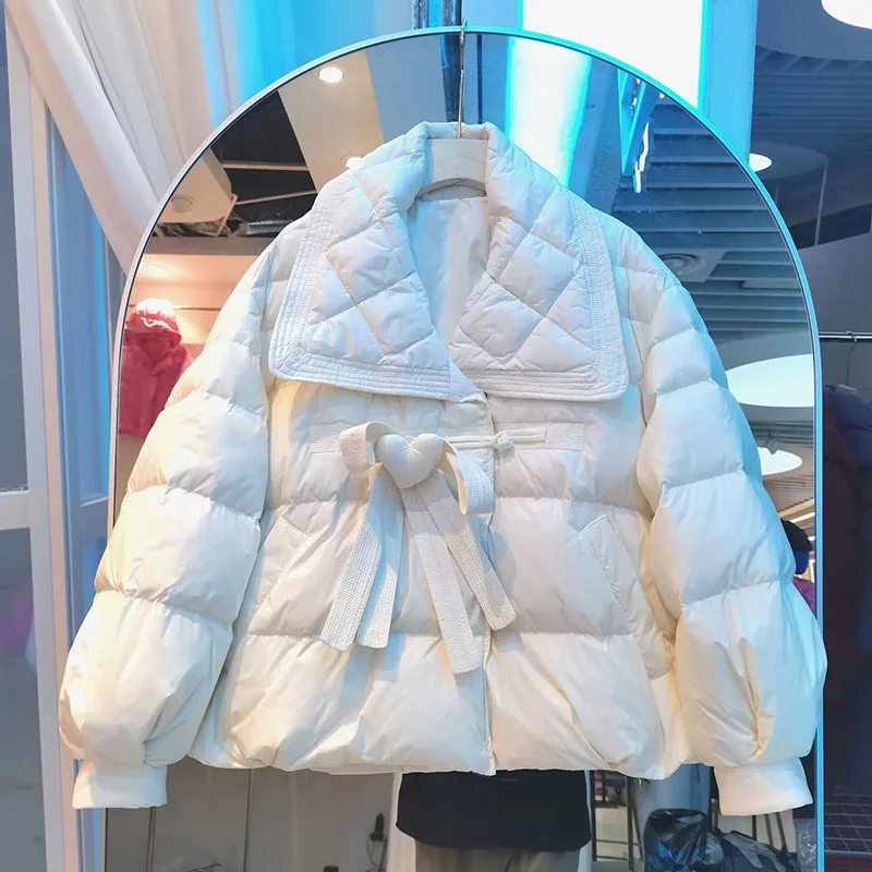 90 White Duck Down Jacket 2023 Winter New A-line Love Ribbon Korean Lapel Thickening Female Clothes Femme Coat Women